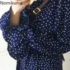 Nomikuma col en V Vintage robe à pois femmes taille mince à manches longues mi-mollet robes femme élégant tempérament Vestidos Mujer 3b594 210514