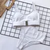 Damskie stroje kąpielowe Sexy Kobiety Bikini Zestaw Kostium Basen Moda Solidna Klamra Push-Up Wyściełana Wysoka Talia Swimsuit 2PC Kąpiel # 40