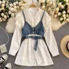 Zoete Koreaanse Mode Pak 2 Stuk Set Losse Blouse Shirt Bandage Cowboy Sling Vest Spring Clothes Ropa Mujer Twee Vrouwen 210514