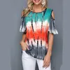 Kobiety Lato Gradient Tshirt Casual Krótki Rękaw Topy Tees Sexy Off Ramię Kwiatowy Drukuj O-Neck Plus Size 5XL Koszula 210517