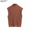 Vårkvinnor Mode Ärmlös Casual Slim Knitting Vest Sweater Ladies Chic Turtleneck Åtta Twist Pullovers Tops S563 210420