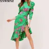 Femmes Floral Print Midi Robe asymétrique Cordon de serrage Jupe à volants Cravate Drapée Manches Haute Décolleté Chic Femelle Mujer 210520