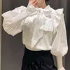 TRAF Donna Sweet Fashion Patchwork Ruffle Trim Camicette lavorate a maglia Vintage Bow Tied Camicie donna manica lunga Chic Top 210415