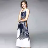 Бренд дизайнер летние женские без рукавов печать длинные старинные взлетно-посадочные полосы Vestidos ремень галстук высокой талии Slim Maxi платье 210416