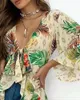 Blouses Femmes Chemises 2021 Femmes Tropical Print Bell Sleeve Top Col V Long Blouse Casual Femme Chemise Sexy Vacances Cover Up