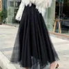 Elegant Long Skirt Women Spring Elastic High Waist Mesh Tutu Females Pleated Tulle Vintage Party 210608