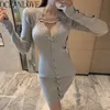 Bodycon Dress Solid V Neck Knitted Sexy Spring Autumn Bandage Vestidos Korean Ins Fashion Woman Dresses 19425 210415