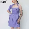 [EAM] Kvinnor Bandage Bow One-Shoulder Pocket Sling Klänning Halter Half Sleeve Loose Fit Fashion Spring Summer 1DD2413 210512