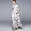 Sommer Frauen Elegante Süße Blume Gedruckt Weiß Chiffon O Hals Langarm A-linie Schlank Strand Maxi Kleid Mit schal 210514