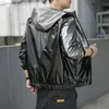 Man Glänsande Tonåring Jackor Mode Splicing Hip Hop Zipper Pullover Windbreaker Coats Designer Man Höst Slim Streetwear Hooded Ytterkläder