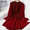Neploe O-Neck甘い偽の2ピースの女性のドレス韓国風ニットパッチワークフェムスvestidosカジュアルシックなAラインドレス1J147 210423