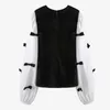 [DEAT] O-Neck Neck Bow Bubble Długi Rękaw Kolor Kontrast Patchwork Koszula dla kobiet Casual New Fashion Tide Spring GX31 210428