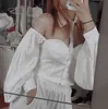 Donna Sexy Manica lunga Crop Top Off spalla Solid Slim Camicia Halter Colletto rovesciato Estate Coreano Elegante Blusas 210519