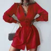 Wiosna Deep V-Neck Luźna Krótka Czerwona Koszula Sukienka Kobiety Długi Rękaw Office Lady Sexy Party Es Elegancki Mini 210428