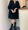 Casual Dresses 2021 Spring Female Loose V-neck Solid Color Oversize Long Sleeve Minimalist Wide Hem Pleated Straight Dress Green