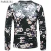 Floral padrão veludo mens manga longa camisetas outono o pescoço camiseta para homens moda macio casual veludo toe camiseta homme 210524