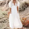 White Cover-ups Bikini Cover up Kaftan Women Long Maxi Dress Solid V neck Ladies Holiday Robe Plage Tunic Beachwear 210722