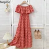 Neploe Women Summer Dresses off Ombro Chiffon Beach Dress Slash Neck Ruffled Slim Cintura Floral Vintage Femme Robe 210422