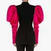 Women Suits Jacket Autumn Winter Contrast Color Puff Sleeve Patchwork Professional Sets Female Pink Slim Waist Commute Banquet Women's & Bla