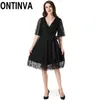 Mulheres elegante retro laço v-pescoço vestido com faixas de escritório senhoras preto vinho vermelho escuro azul modesto vestidos de verão forro 210527