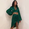 Ladies Green 2 Two-Piece Fashion Long-Sleeved Short Top And Pleated Skirt Sexy Tight Celebrity Party Suit 210525