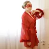Kadın Pijama Şeffaf Kimono Robe Iç Çamaşırı See Through Örgü Gelin Gecelik Kabarık Külot Bornoz Seksi Set