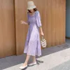 夏のフレンチスタイルの休日シフォンドレス女性正方形の襟ハーフスリーブプリーツ弾性ウエストミディ女性vestidos 210423