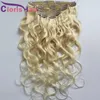 Platinblonde Körperwelle menschliches Haarverlängerungen Clip INS #613 Blondes Wellenwellige jungfräuliche indische Clips auf Gewebe dicker 120 g 8pcs Doppelmaschinenscheuchen