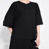 [EAM] Kadınlar Siyah Geri Pileli Düzensiz Büyük Boy T-shirt Yuvarlak Boyun Uzun Kollu Moda İlkbahar Yaz 1x45901 210512