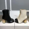 Stivaletti da donna alla moda, stivali corti in pelle con tacco grosso oro, scarpe da donna di lusso casual, scarpe da sera da ballo, tacco da neve con scatola