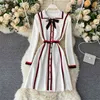 Herbst Frauen Kleid Koreanische Casual Langarm Robe Femme Gestreiften Bowknot Revers Elegante Streetwear Gestrickte Pullover Kleider 210514