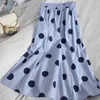 Summer vintage contrast color polka-dot skirt Womens casual over-the-knee students Korean A-line midi long print 210420