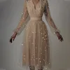 Fêmea Decote em V Estrelas Lantejoulas Mesh Brilhante Vestido Fadas Mulheres Elegante Bling Gaze Princesa Puff Vestidos Vestidos de Fiesta 210514