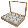 Bekijk dozen gevallen hout sieraden organizer container 12 slotbox horloges opbergdisplay zijde katoen kleine kussen maat kan worden gebruikt