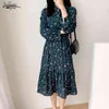 Wiosna Długi rękaw Sukienka Dla Kobiet Vintage Elastyczna Talia Kwiatowy Bow Midi Koreański Print Maxi Es Vestidos 8840 50 210508