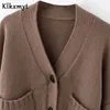 Klkxmyt Pulls Femmes Angleterre High Street Vintage Tressage Simple Boutonnage Court Cardigans Vestes Tops 210527