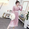 Two-piece Suit Women Autumn And Winter Korean Fashion V-neck Fringed Mid-length Knitted Dress + Pleated Skirt 210427