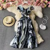 Fashion Elegant tie-dye print off shoulder long dress waist ruffles big swing Bohemian Print A-Line vestido 210420