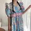 Kobiety Vintage Duży Rozmiar Długa Plisowana Dress V-Neck Half Puff Sleeve Loose Fit Fashion Wiosna Lato 16F0676 210510