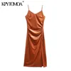 Women Chic Fashion Front Slit Pleated Velvet Midi Dress Vintage Backless Thin Straps Female Dresses Vestidos Mujer 210416