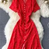 Mode femmes à pois robe en mousseline de soie été à manches courtes simple boutonnage moulante es dames Vintage genou 210525