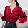 Coréen hauts col en V en mousseline de soie chemise rétro à manches longues Blouse chemises automne mode pli soie Surface décontracté femmes 910F 210420