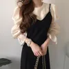 Chic Korea O Neck Temperament Chiffon Puff Sleeve Shirt + Black Beading Spaghetti Strap Dress Retro Sexy Wild Two Pieces Set 210506