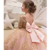 2021 Gold Glitz Ball Gown Princess Little Girls Pageant Dresses Fuchsia Little Baby Camo Flower Girl Dresses for Wedding with Big 1902