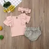 幼児生まれ赤ちゃん女の子服セットフラワーコスチュームニットTシャツ+弓ブルーマーショーツ衣装210515