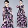 Summer Runway Flower Tulip Print Multilayer Cake Maxi Women Lantern Sleeve High Elastic Waist Chiffon Long Dress 210416