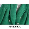KPYTOMOA Kadınlar Moda Kruvaze Tüvit Yeşil Blazer Ceket Vintage Uzun Kollu Flap Cepler Kadın Giyim Şık Veste 211122