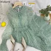 Women Sweet Bling Sequined Patch Lace Mesh Dress Solid Color Ruffle Robe Cute Long Dresses Summer Vestidos 210519