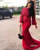 2021 Бургундские мусульманские формальные вечерние платья в стиле русалки с длинным рукавом поезда кружева 3D цветочные цветы Prom Party Preads Особые случаи носить
