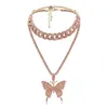Chains Fashion Elegant Shiny Pink Crystal Butterfly Pendant Necklace Lady Girl Hip Hop Cuban Link Chain Multilayer JewelryGift